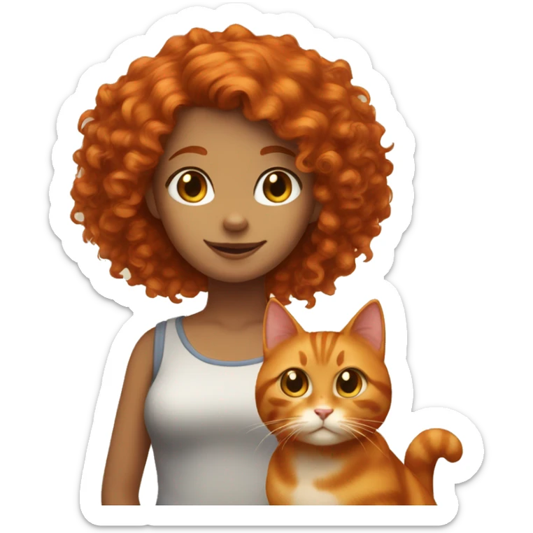 Curly Red haired girl with brown and orange cat with big tail sticker