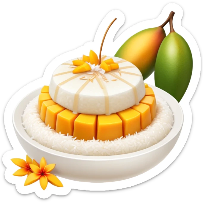 cinematic-realistic-mango-sticky-rice-dessert-emoji,-showcasing-sweet-sticky-rice out of a mould-paired-with-ripe-mango-slices-and-coconut-milk-rendered-with-lifelike-detail-and-warm,-inviting-lighting with the coconut  milk over the rice sticker