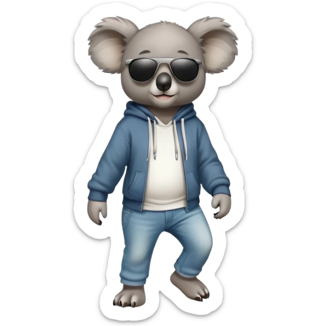 anthropomorphised koala full body wearing a hoodie and jeans dark sunglasses walking different pose sticker