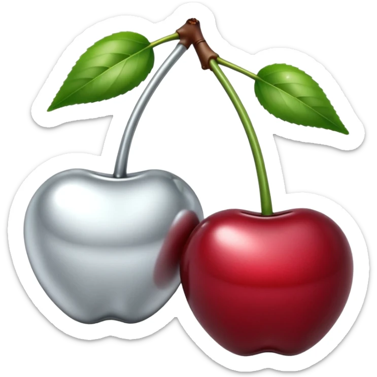 A pair of cherries emoji made of liquid silver chrome, smooth rounded shapes, glossy metallic surface, subtle sensual vibe, luxury sexy aesthetic, iOS emoji style, centered, clean white background sticker