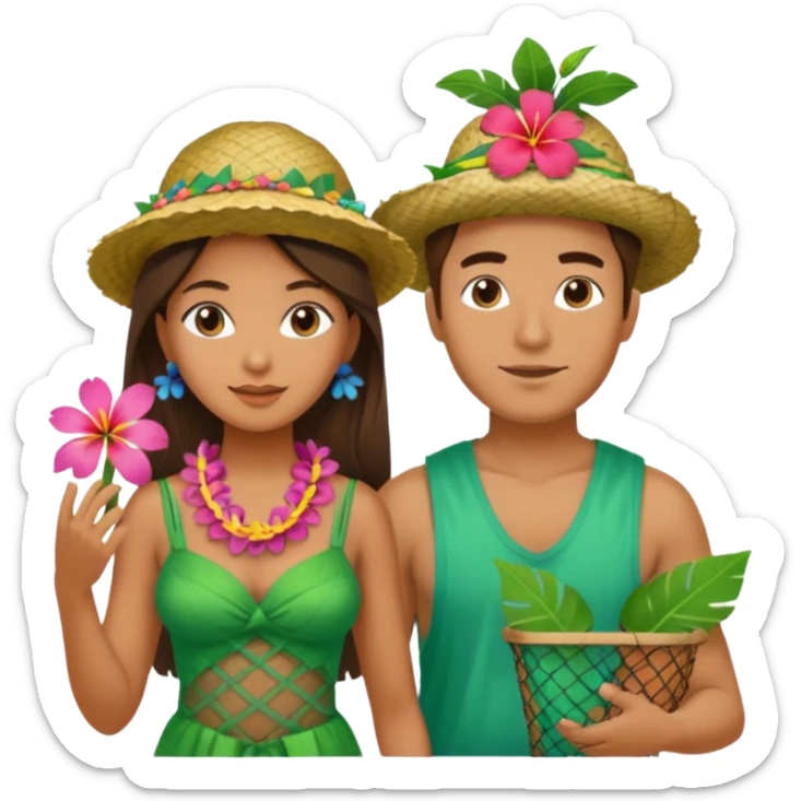 Hawaiian woman man with leaf hat and big trash net and colorful cloth sticker