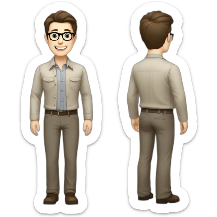 Joyful Full height Pale skinned Fit Man With dark brown hair in gray jacket, beige office shirt, Brown pants and vintage glasses. His thrumbs up sticker