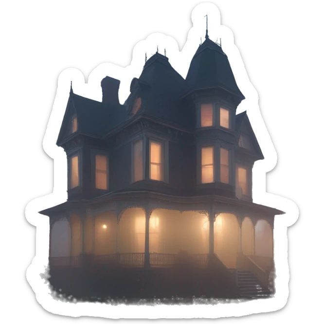 Wide view, A ramshackle Victorian mansion looms through dense fog at dusk  sticker