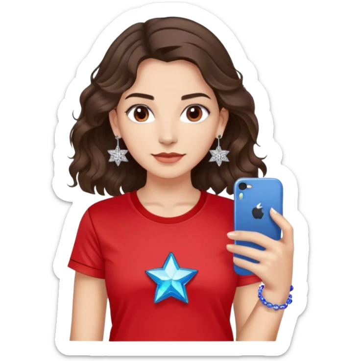 brunette girl with wavy medium length hair, brown eyes, light/medium skin tone, holding iPhone and light phone, wearing red Adidas t-shirt, small silver hoop earrings with blue gem stars, and a different colorful beaded charm necklace sticker
