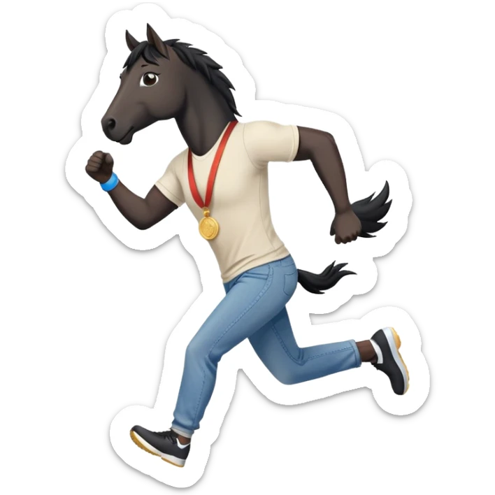 friendly anthropomorphised black stallion in jeans and a t-shirt, jogging upright in relaxed pose, holding a medal sticker