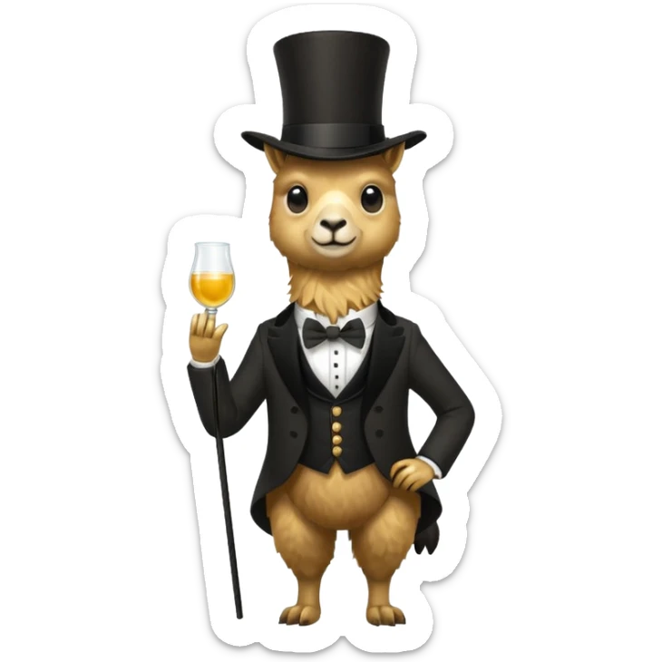 A small golden llama silhouette wearing a black top hat and a monocle full body shot sticker
