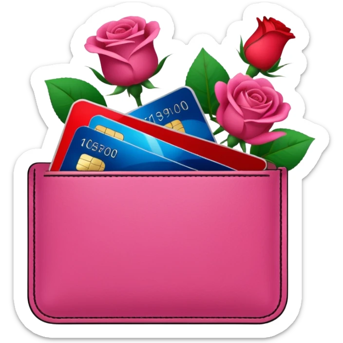 Pink pocket Wallet with credit cards inside and roses growing from it sticker