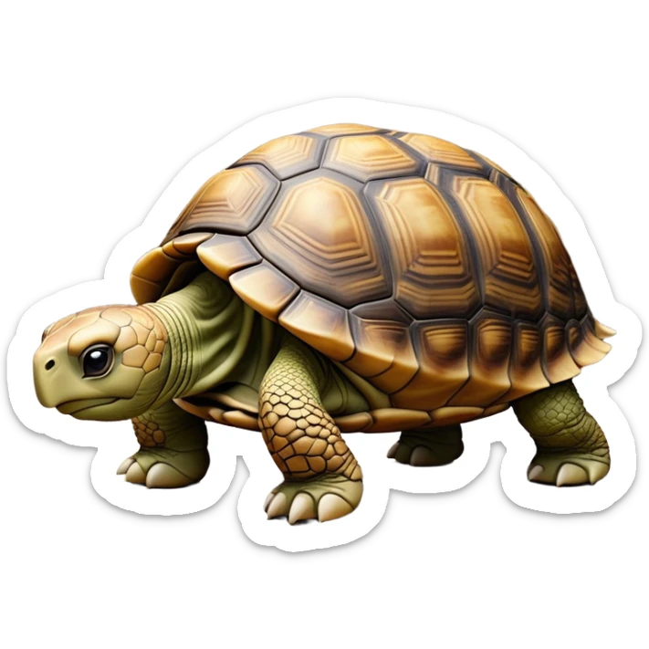 cinematic-tortoise-realistic-full-body-walking-emoji,-sturdy-domed-shell-in-rich-earthy-tones,-thick-scaled-legs-moving-slowly-but-deliberately,-wrinkled-wise-face-peering-ahead-with-calm-determination,-large cute eyes-reflecting-centuries of wisdom sticker
