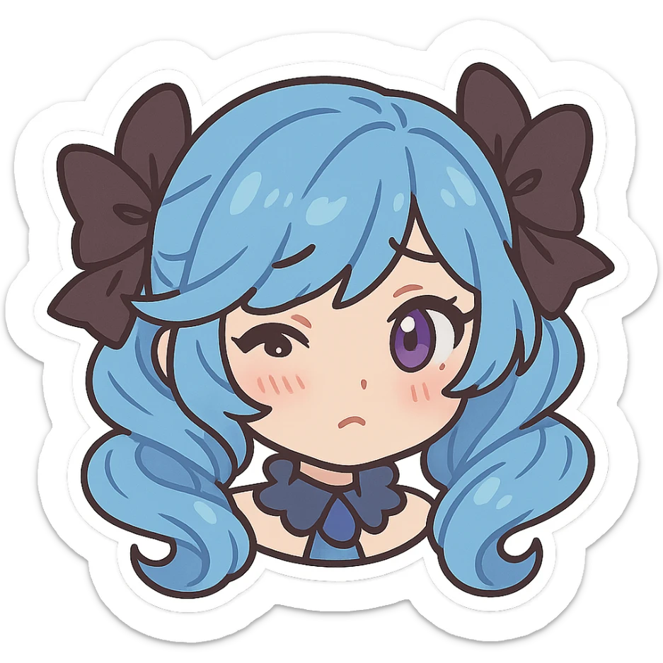 Gwen from League of Legends, chibi emote style, only head visible, right eye purple, shy expression, cute and expressive sticker