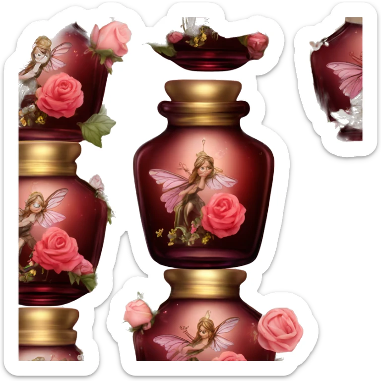 Dark red magic fairy sparkling old Antique oil perfume bottle with herbal and rose flowers sticker