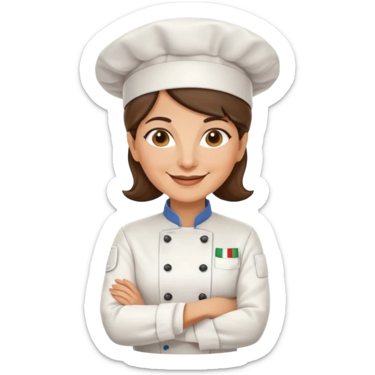 Italian woman chef in her 40's smiling wearing a chef uniform sticker
