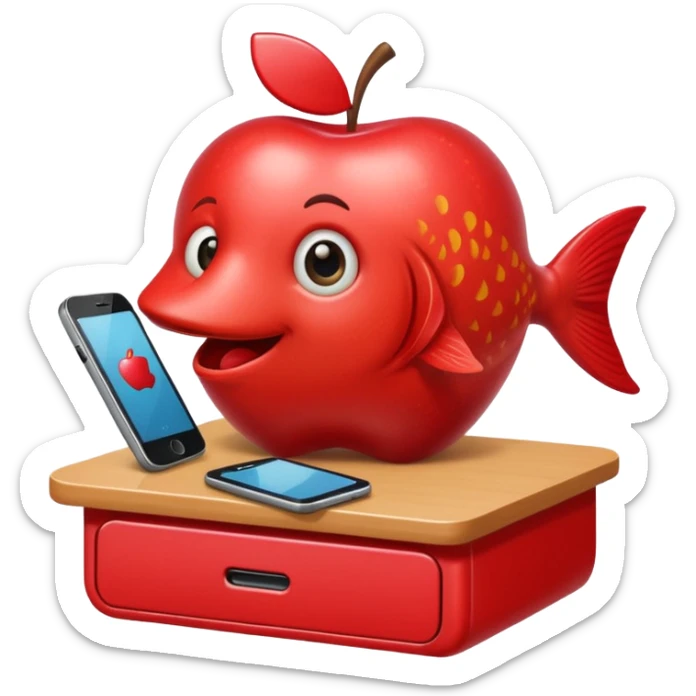 emoji stile apple di un pesce su un banco scolastico che gioca con il telefono perché si sta annoiando  sticker