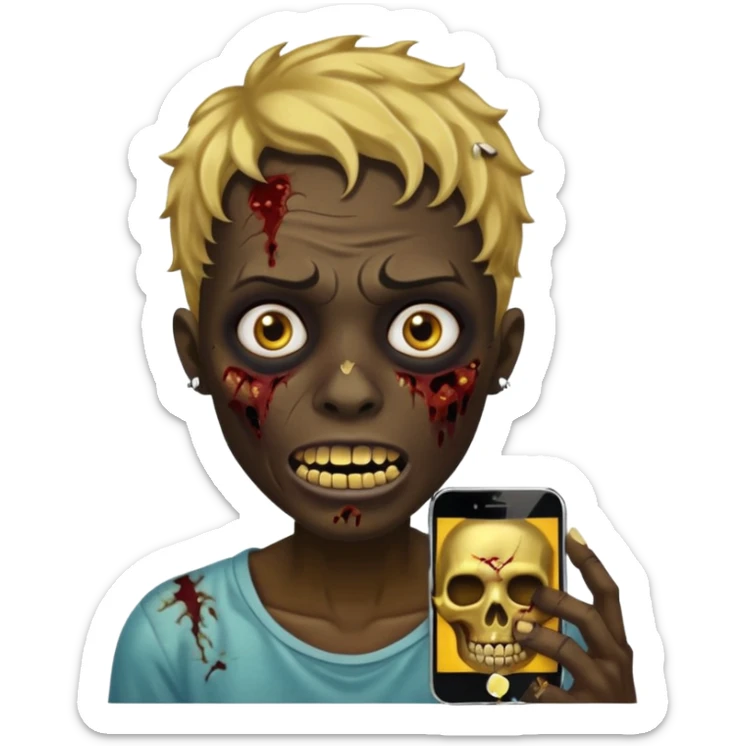Quero um zumbi com a pele negra,com machucados no rosto (poucos) com dentes de ouro,com cabelos curtos ondulado, igual de iPhone  sticker