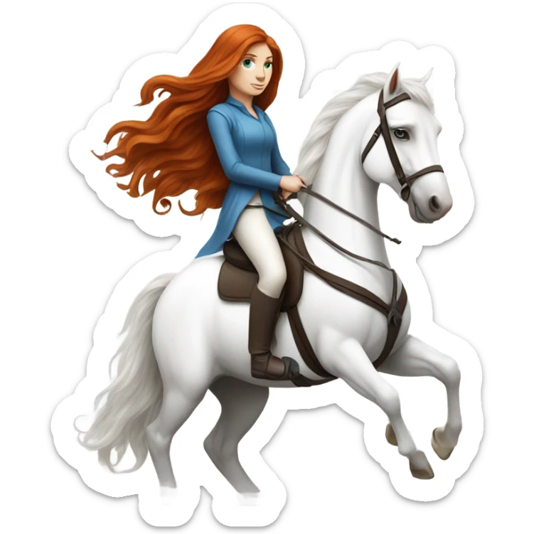 long-haired redhead woman with blue eyes, on a white horse back riding sticker