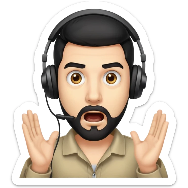 Very shocked man with wide eyes, open mouth, black hair, brown eyes, black beard wearing a gaming headset sticker