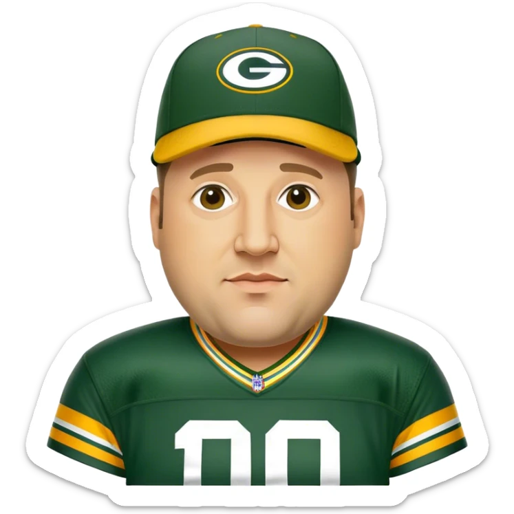 Kevin James as a Green Bay packers fan with a hat on wearing a #10 jersey sticker