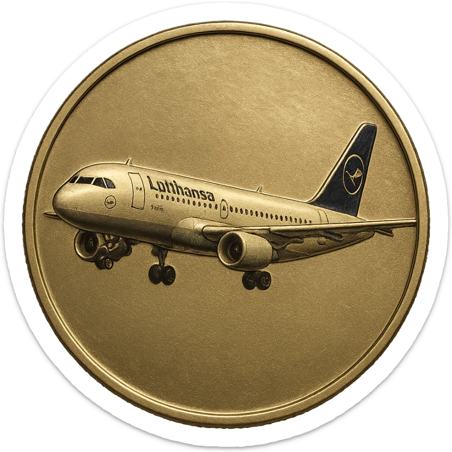 shiny coin front side with embossed passenger airplane resembling an Airbus in Lufthansa colors, clear contours, metallic surface sticker