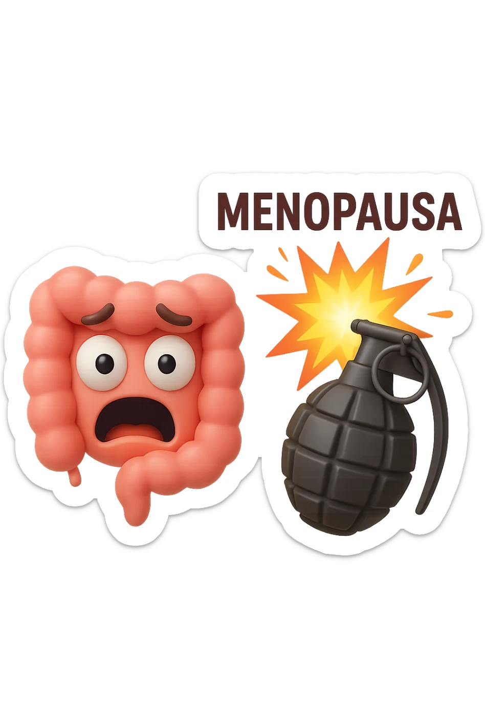 EMOJI STILE IPHONE 3D DI INTESTINO 3D CON ESPRESSIONE SPAVENTATA IN VOLTO MENTRE ACCANTO A LUI SCOPPIA UNA GRANATA 3D CON LA SCRITTA "MENOPAUSA" SOPRA, FAGLI ANCHE LA PARTE BIANCA DEGLI OCCHI, NON SOLO LA PUPILLA sticker