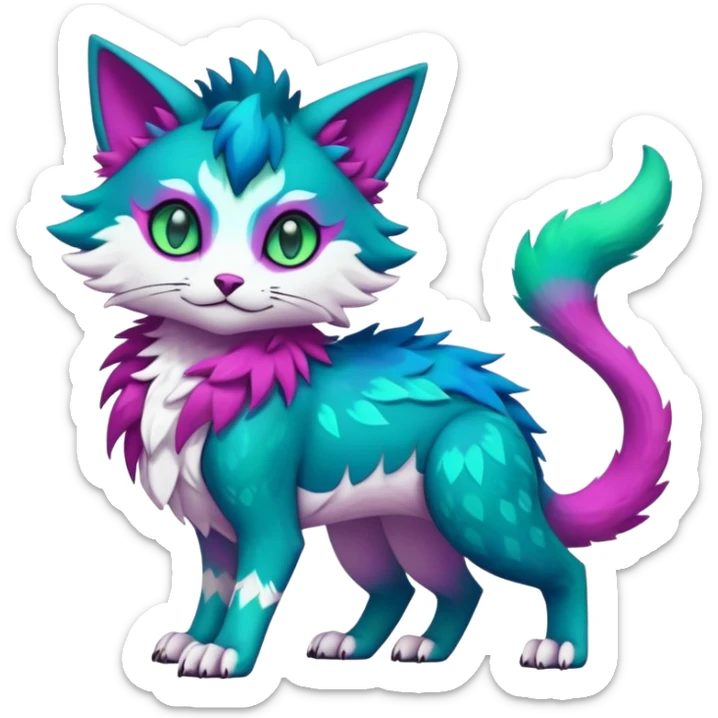 Kawaii cute colorful iridescent deep-dark-turquoise-green and magenta and white beautiful pretty elegant divine edgy feline-vernid-sergal-Fakémon-Pokémon-fursona-animal-creature with accessories, full body, with intricate detailed markings sticker