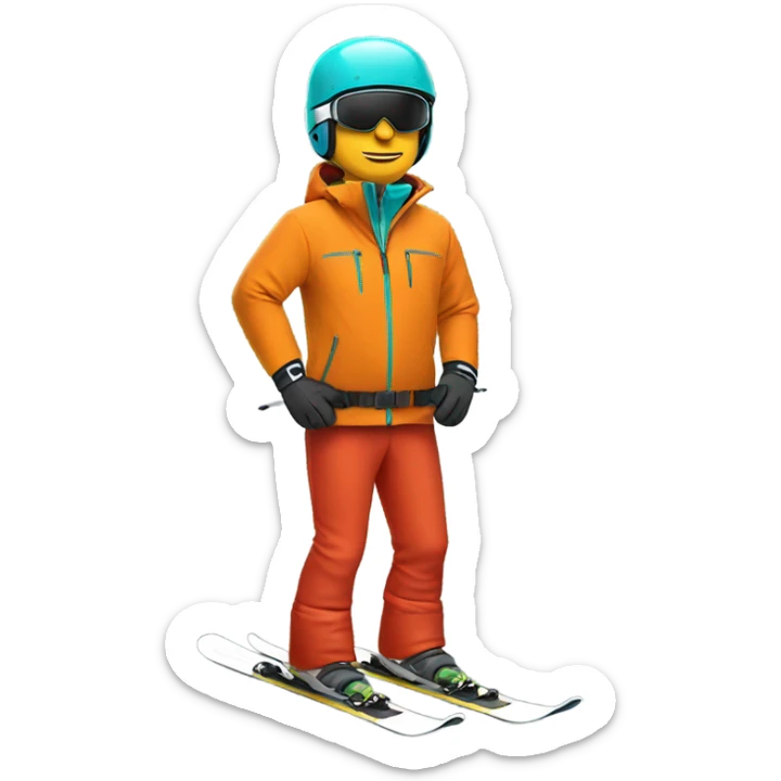white Skier man wearing orange jacket and a red helmet and turquoise pants sticker