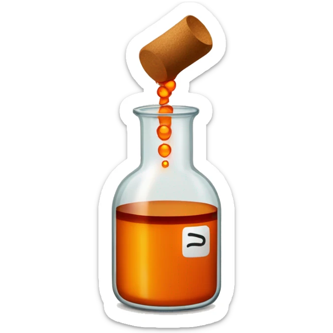 Redish Brown Bromine with an orange aroma in a circular beaker with a tan cork in the top of the beaker sticker