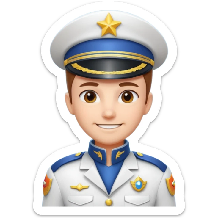 cute spaceship captain portrait, head and shoulders only, futuristic captain uniform collar, captain badge, confident smile, 3D cartoon, mobile game icon style, clean background, no text, no watermark
 sticker