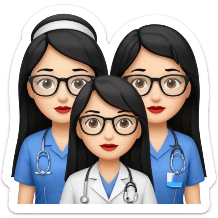 Genera emogis de 4 cuatro enfermeras de cabello negro largo, entre ellas que una tenga lentes y otra un lunar encima de los labios sticker