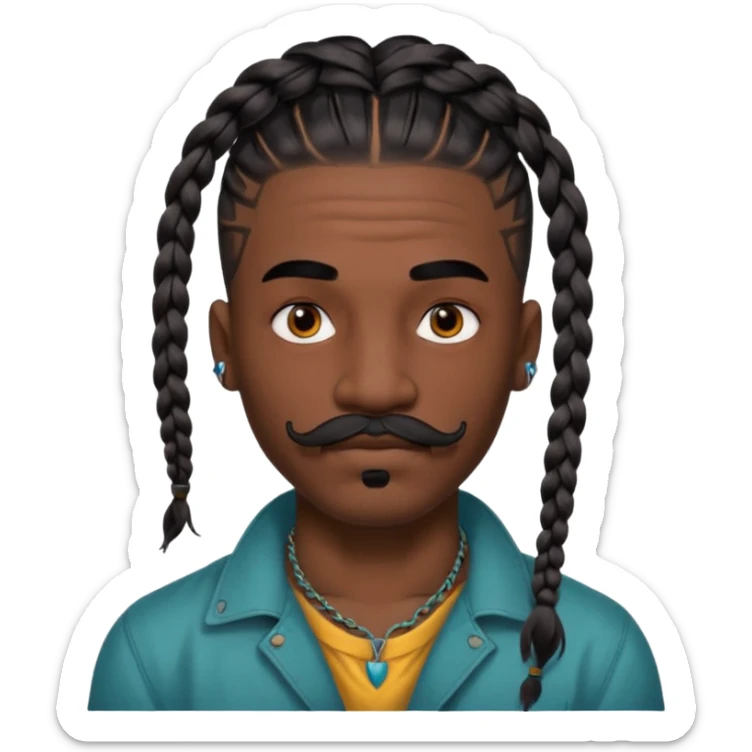 big lose braids starting from the top of the head man with mustache face wiith big visible loose only two braids and lots and lots of colored face tattoos colored tattoos like a tattoo artist hair unique color sticker