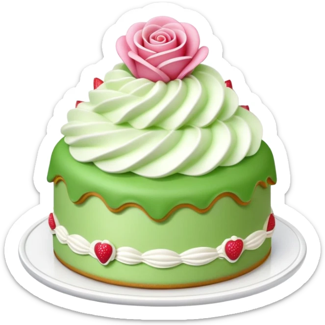 prinsesstårta cake with green marzipan on top, with a pink marzipan rose on top. Whipped cream, vanilla cream and strawberry jam inside sticker