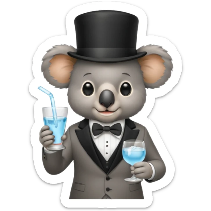 koala wearing suit, bowtie and top hat, holding glass of water sticker