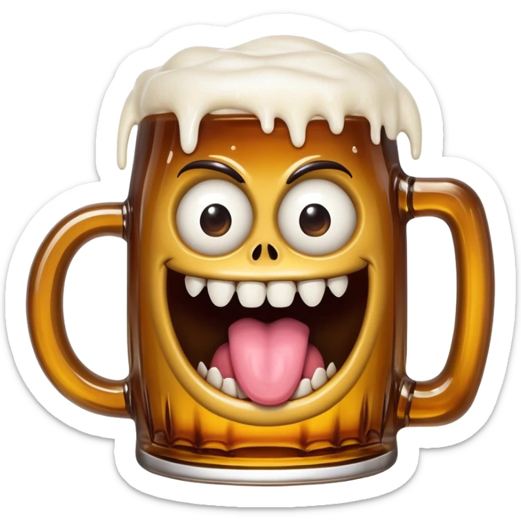 Mimic monster disguised as a beer mug with teeth and tongue, tipsy looking eyes sticker