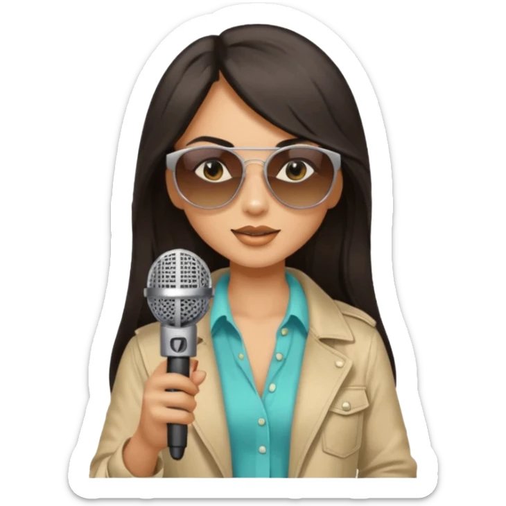 dark long haired woman with summer clothes and sun glasses holding microphone sticker
