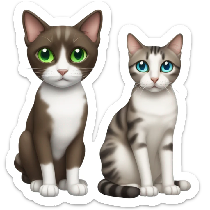 Dark Brown and white tabby cat with green eyes and a Siamese blue eyed cat sticker