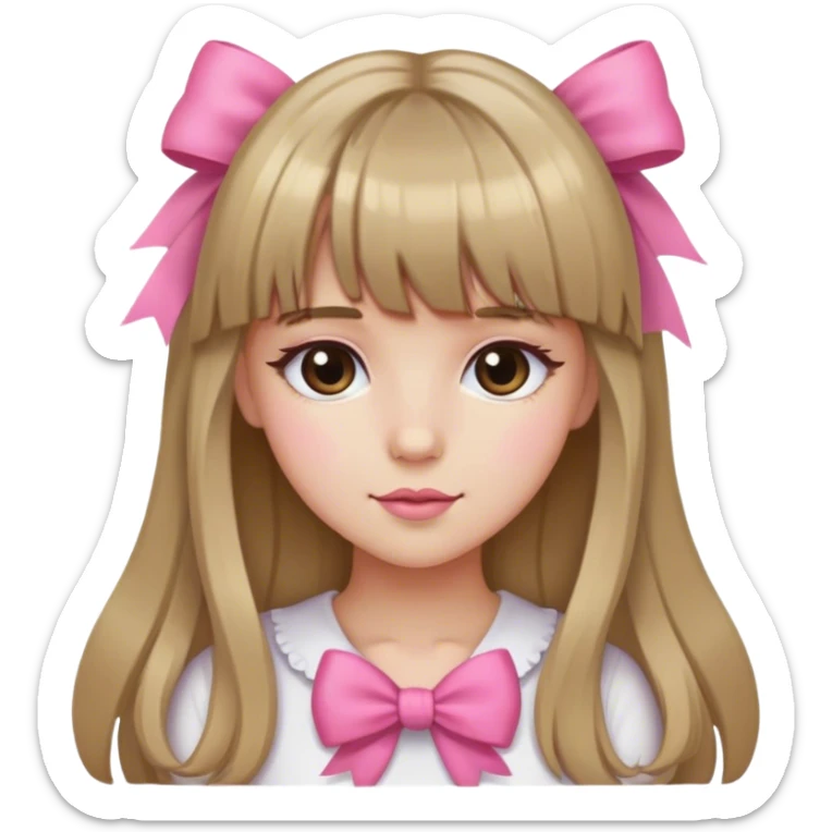 a girly girl with dark blonde and long hair with bangs and a pink bow sticker