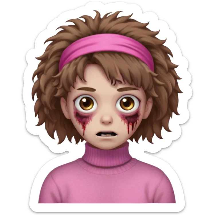 brown fluffy haired zombie with pink turtleneck sweater and hair band sticker