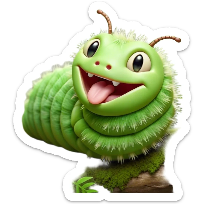 Cinematic Realistic Cute Yawning Caterpillar Portrait Emoji, Head tilted slightly with a dramatic, wide-open yawn, showcasing a soft, downy segmented body in vivid green with subtle drooping and half-closed, drowsy eyes, rendered with intricate natural texture and gentle shadows, high shine, relaxed yet expressive, styled with a dash of woodland charm, soft glowing outline, capturing the essence of a sleepy yet affectionate caterpillar that appears ready to stretch out and rest among the leaves! sticker