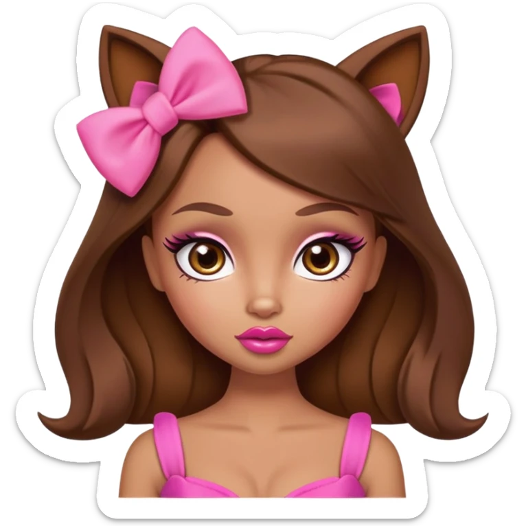 Bratz doll character with brown hair, pink bow, large lips, and almond-shaped foxy eyes sticker