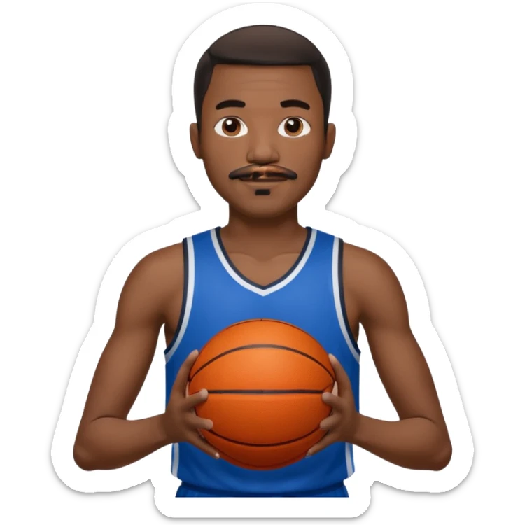 black bold man basketball player blue jersey with mustache holding basket ball sticker