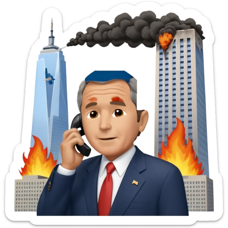  emoji of the world trade center with a plane crashed into it and george bush on a phone in front of them sticker