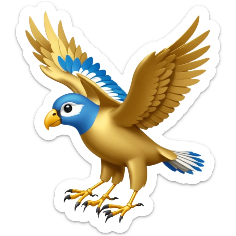 Un petit oiseau mécanique doré avec des ailes délicates et des rouages visibles. Il porte des parchemins enroulés attachés à ses pattes fines, survolant une ville en contrebas. sticker