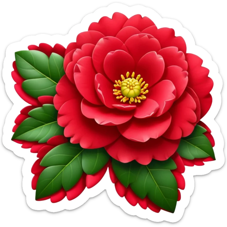 Beautiful red camellia flower with layered petals and glossy green leaves sticker