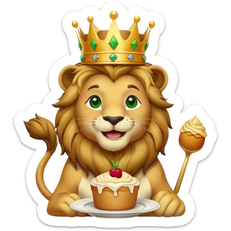 Lion wading a crown with green eyes and laughing who eats dessert   sticker