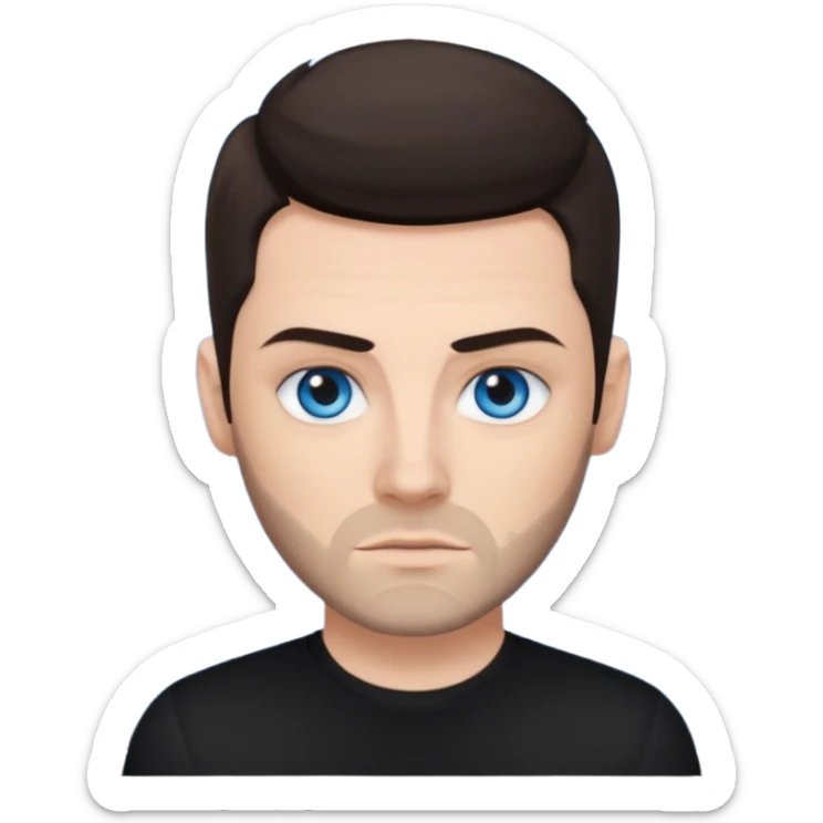 Shane Lynch with blue eyes, dark brown hair, black shirt sticker