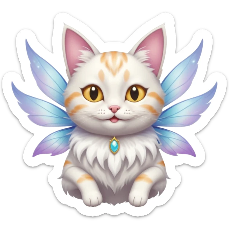 A cat with fairy wings, floating mid-air with a mischievous smirk, portrait, bust up sticker