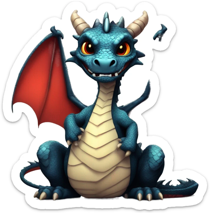 dragon siting with black scales and Scarlet markings 2 black horns waving his claw in drawn anime style. vibrant colors. slight smirk and tilted head red membrane on the wings detailed scales, and eyes sticker