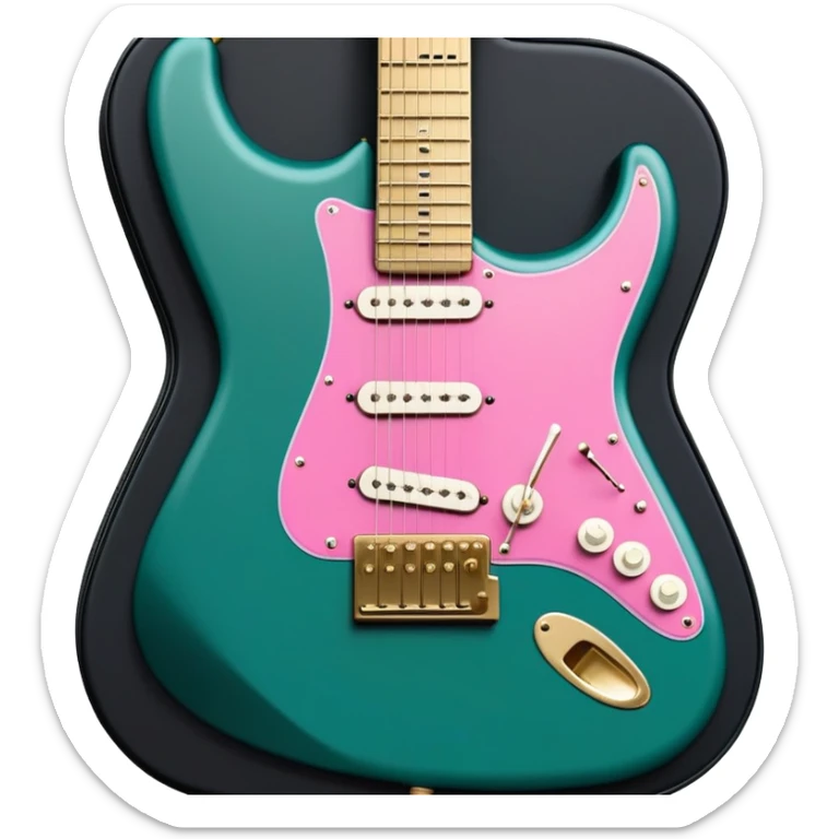minimalist electric guitar in dark green with pink and blue stripe decal, closed inside a black rectangular hard case with gold latches, flat semi-3D style, soft matte textures, simplified details, stylized decal accent, alternate angle sticker