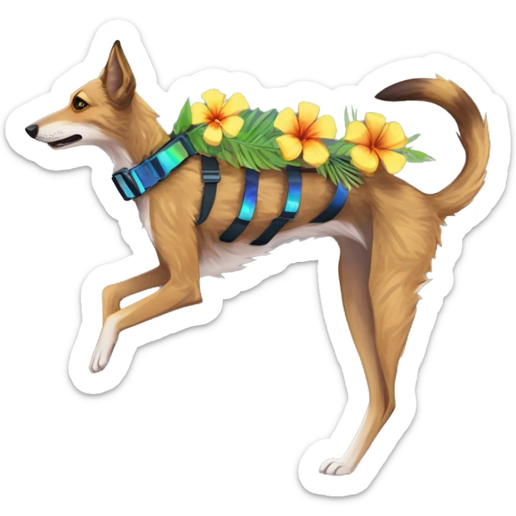  brindle brown black maroon striped lurcher Alsatian fox running blue eyes and iridescent holographic oilslick harness wearing paper iridescent tropical flower crown yellow caution tape sticker