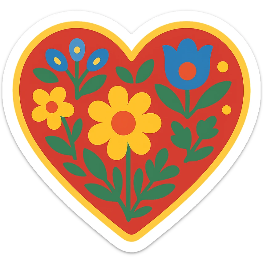Red heart with Slavic folk art, bold nature motif, featuring bright folk colors and simple geometric flowers and leaves. The design is easily recognizable when downsized and includes a border around the heart. sticker