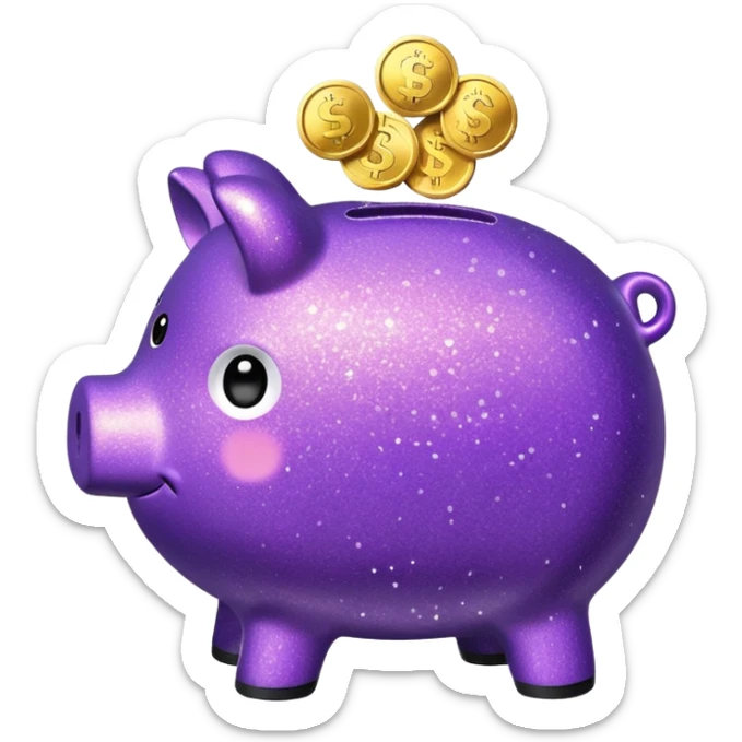 money in a glitter purple piggy bank sticker