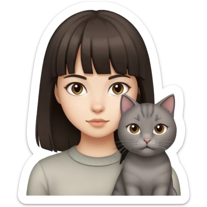 Dark Brown hair girl with fringe and a grey cat sticker